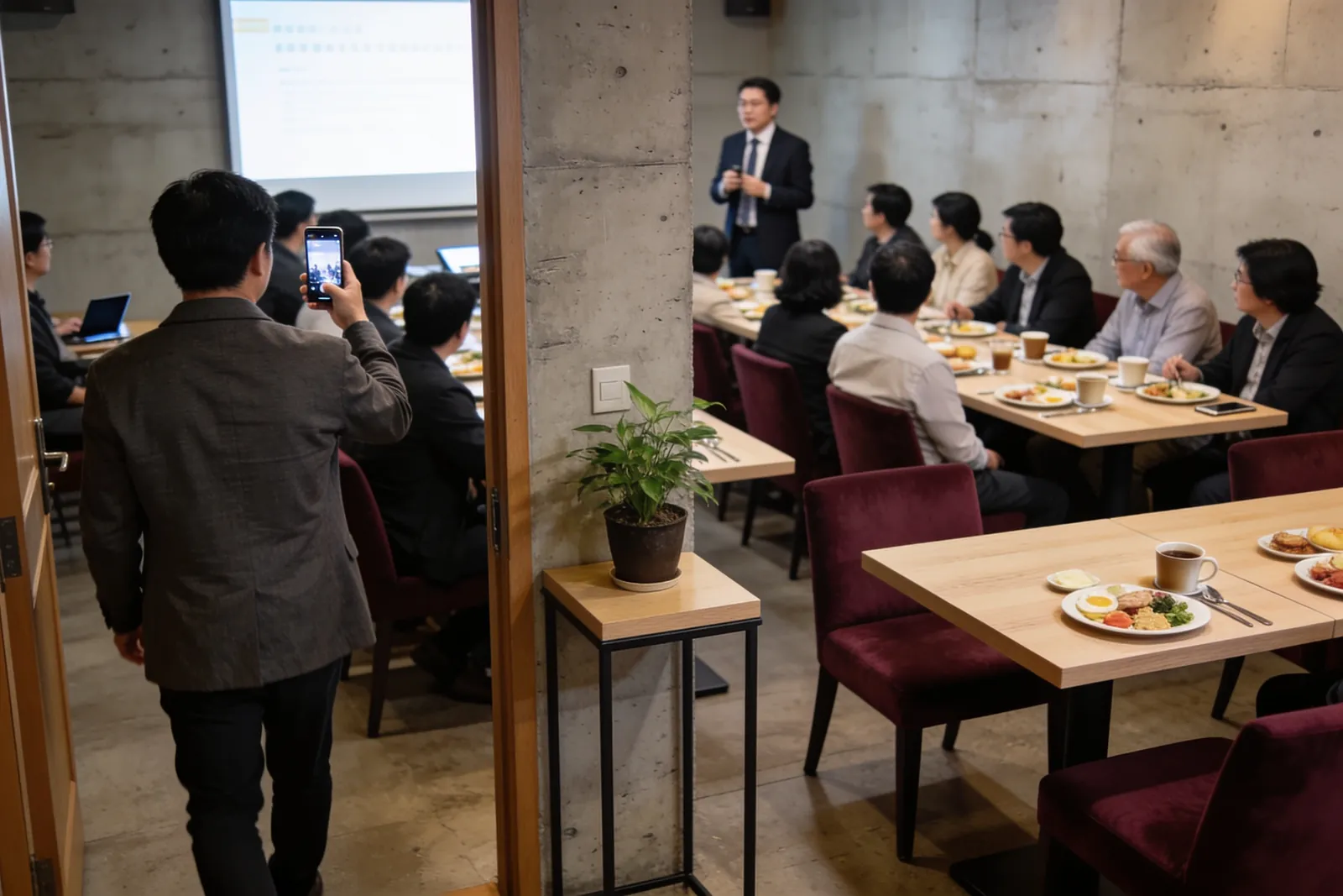 早上的餐廳包廂,二十幾位成員坐在長桌邊吃早餐,前方一位站著講話;門口一位剛到的成員舉起手機。