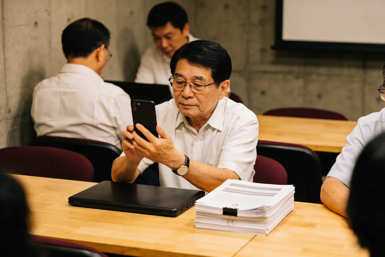 傍晚的會議室,一位戴眼鏡的社長坐在長桌前低頭看手機,手邊一台闔上的筆電,和一疊用長尾夾夾起來的名冊。